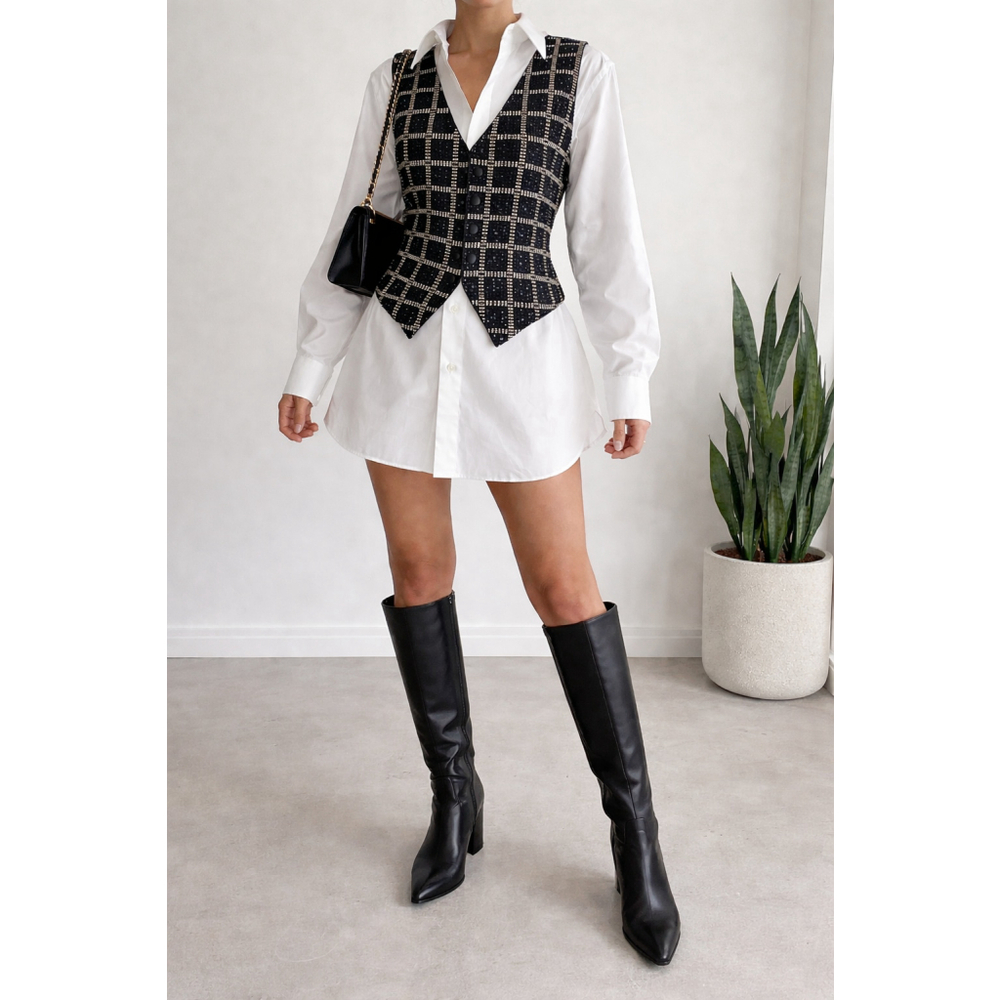 NWT VTG Theo Sz M Vintage Beaded Vest Black White Check Twee Parisian Chic